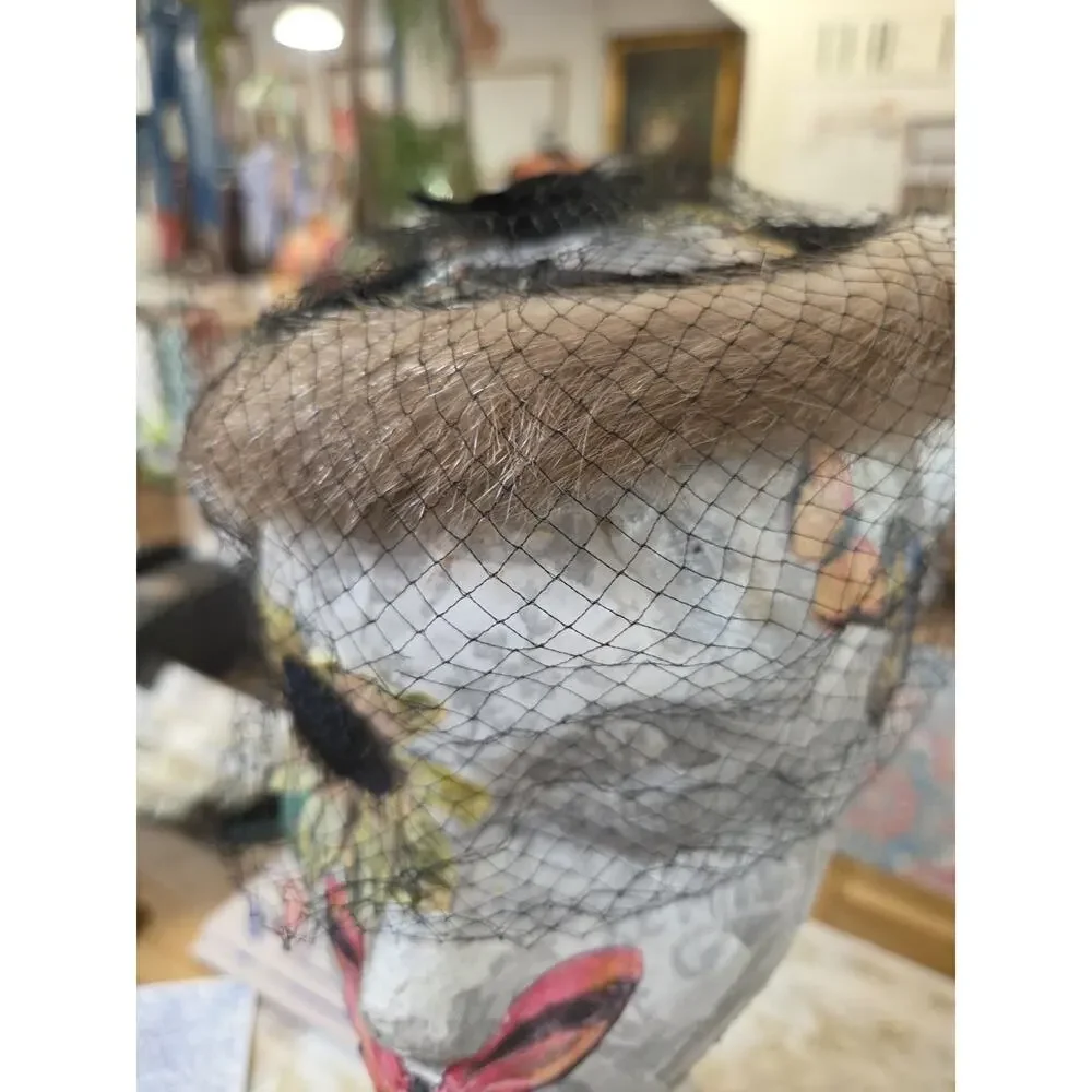 1950s Pill Box Mink Fur Hat With Lace / Veil Face Cover Dinner HAT